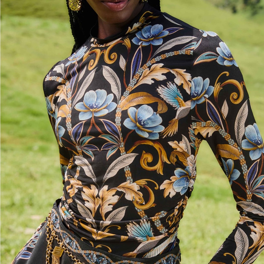 Black floral jersey blouse worn once